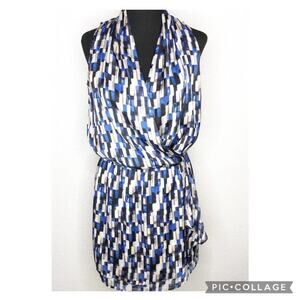 WHBM black white blue tan geometric print sleeveless faux wrap dress size 2